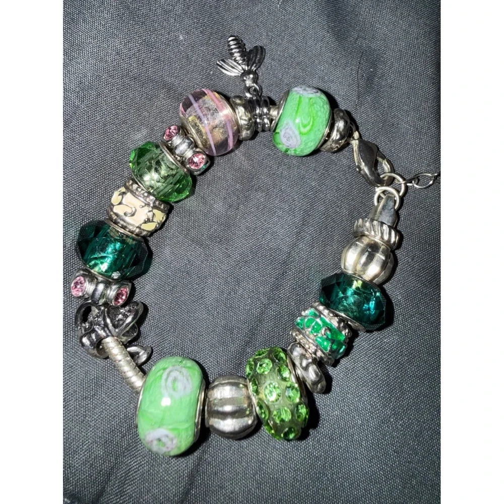 Green Pink Murano Glass Bead Charm Bracelet Silver Tone Bee European Style